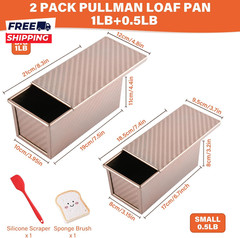 2 Pack Pullman Loaf Pan with Lid, 1 Lb/0.5 Lb Dough Capacity for Homemade Bread,