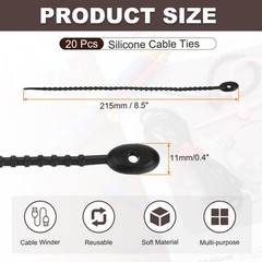 20Pcs Silicone Cable Ties Reusable Rubber Twist Straps Black