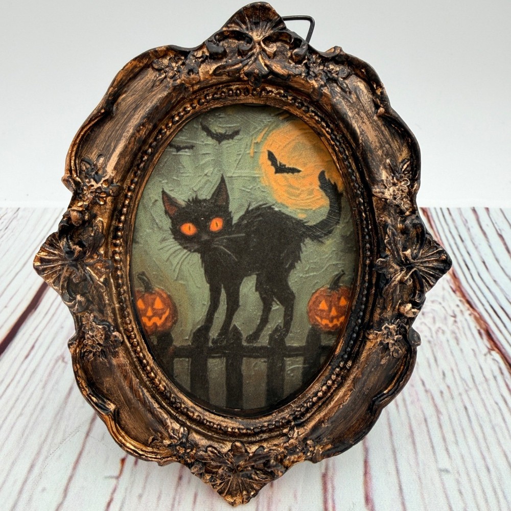Vintage Style Halloween Black Cat Art Ornate Bronze Resin Frame 4.25in Mini