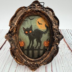Vintage Style Halloween Black Cat Art Ornate Bronze Resin Frame 4.25in Mini