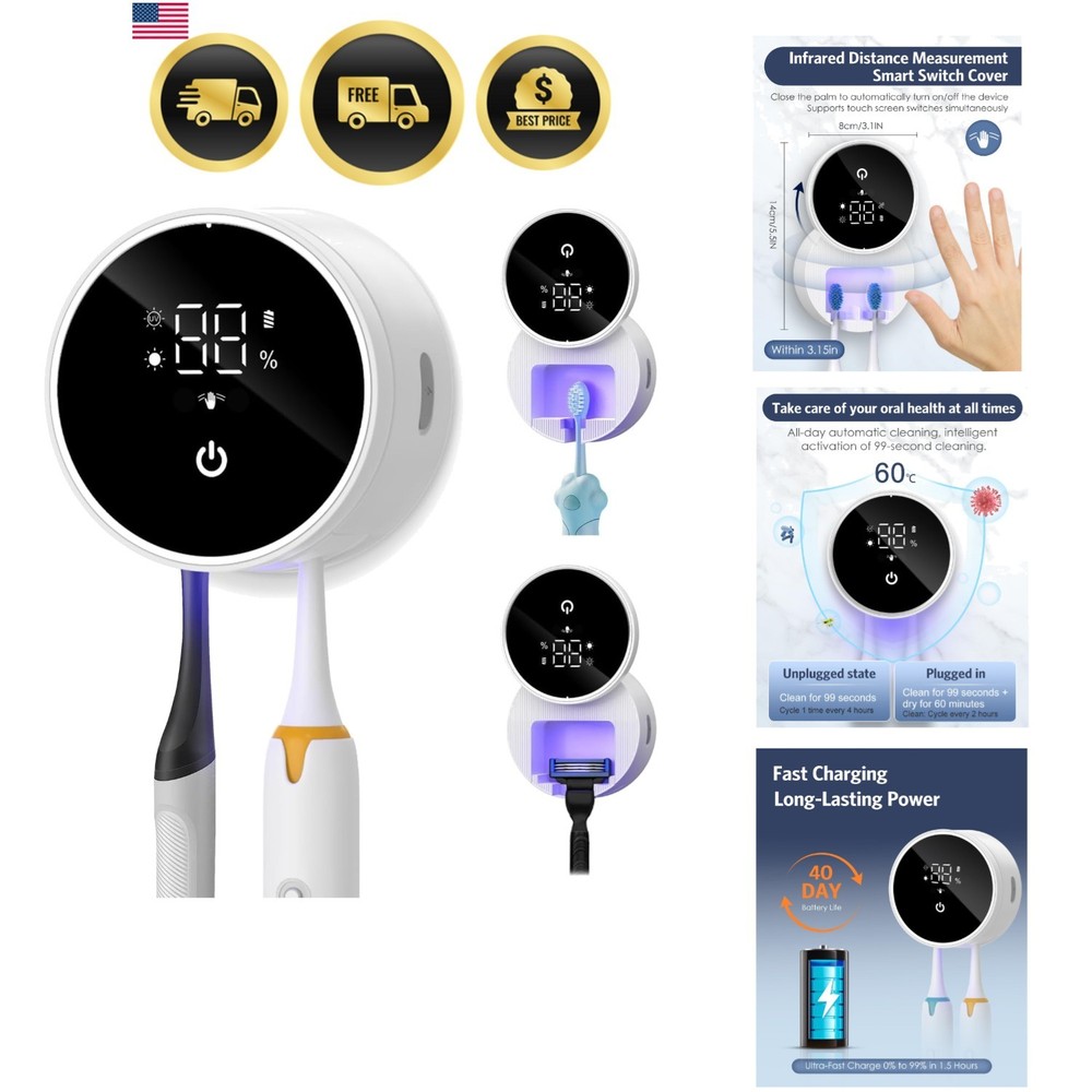 Toothbrush Cleaner Holder Wall Mount UV-C Light Drying Smart Screen