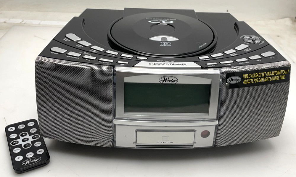 Wedge A4116 CD Player USB SD AM/FM Alarm Clock Radio Tested w/ Remote & AM ant.