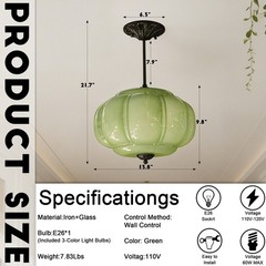 14’Simple Green Pumpkin Shaped Pendant Light,Living Room/dining Room Glass Light