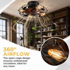 20 inch Black Modern Caged LED Ceiling Fan with Light Flush Mount Remote Control