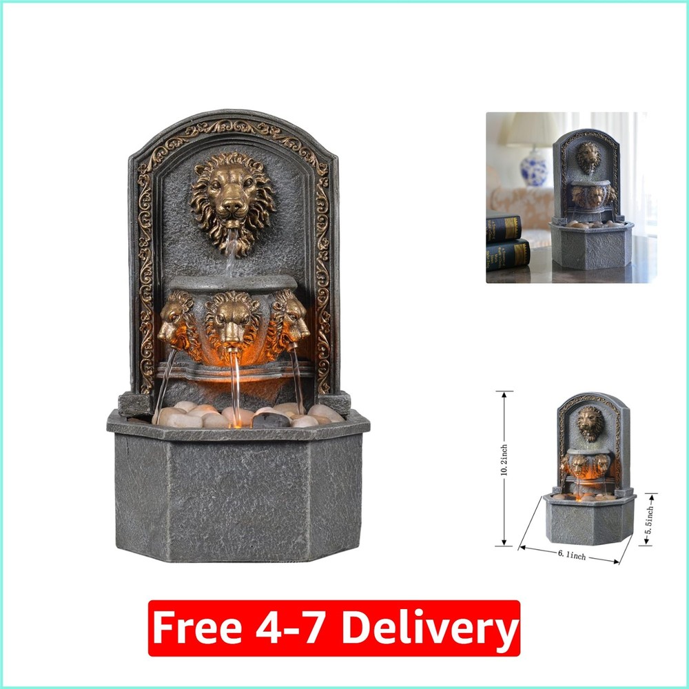 Outdoor Lion Head Stone Waterfall Wall Fountain with Pump Gray 10.3IN