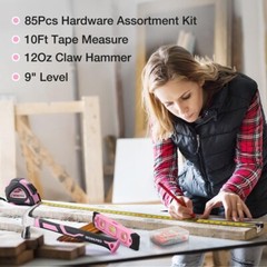 236 Pieces Pink Tool Kit Pink Tool Set Household Tool Kit w/Carrying Round Pouch