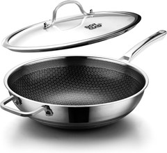 Wok Pan Hybrid 12 inch Wok with Lid Cover Stir-fry pans Nonstick Stainless Steel