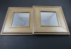 Pair Regency Square Wall Mirrors Framed In Beveled Gold Plastic Wood-Look 9.8 In
