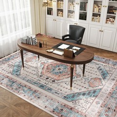 8×10 Area Rug, Vintage Machine Washable Rug for Bedroom, Brown Blue