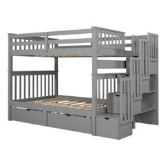 Full Over Full Bunk Bed w/ 6 Storage Drawers & Stairs For Kids Teens Adults Gray