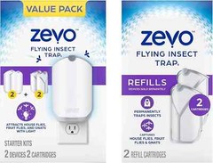 Zevo Flying Insect Trap (2 Plug-in Bases + 4 Cartridges) Featuring Blue UV Light