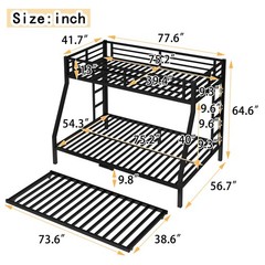 Twin Over Twin Bunk Bed with Twin Trundle Triple Bunk Beds for Kids Teens Adults