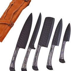 Carbon Steel Chef Knife Set 5Pc Shard Hammered Blade Grey Pakkawood Leather Roll