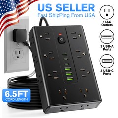 Power Strip Surge Protector with 16 Outlets 3 USB A and 3 USB C Ports Flat Plug