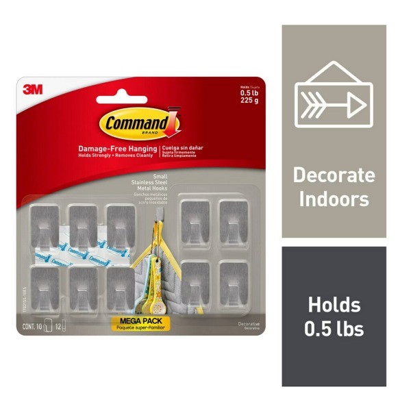 10pk Small Stainless Steel Hooks: Adhesive Hat ; Comando Hooks, 0.5 lb Capacity,