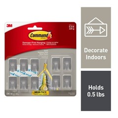 10pk Small Stainless Steel Hooks: Adhesive Hat ; Comando Hooks, 0.5 lb Capacity,