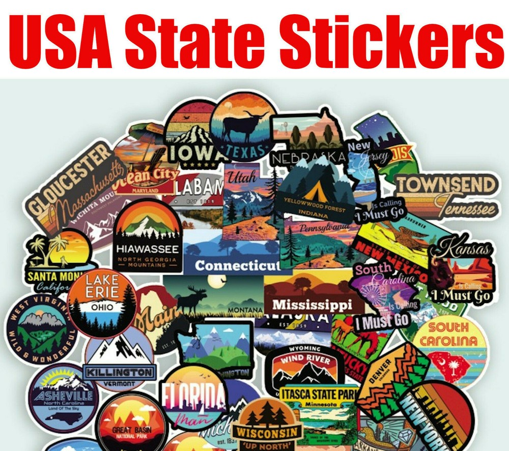 50 Pcs USA State Stickers Travel United States of America Sticker American