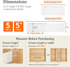 Lifewit 5″ High 5 Pack Drawer Dividers, 11.5″-18.5″ Adjustable Deep Drawer Organ