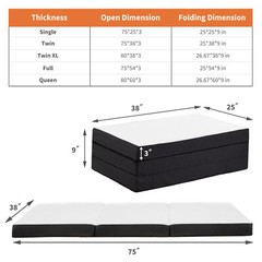 Tri-Fold Memory Foam Mattress Portable Foldable Mattress Topper w/Washable Cover