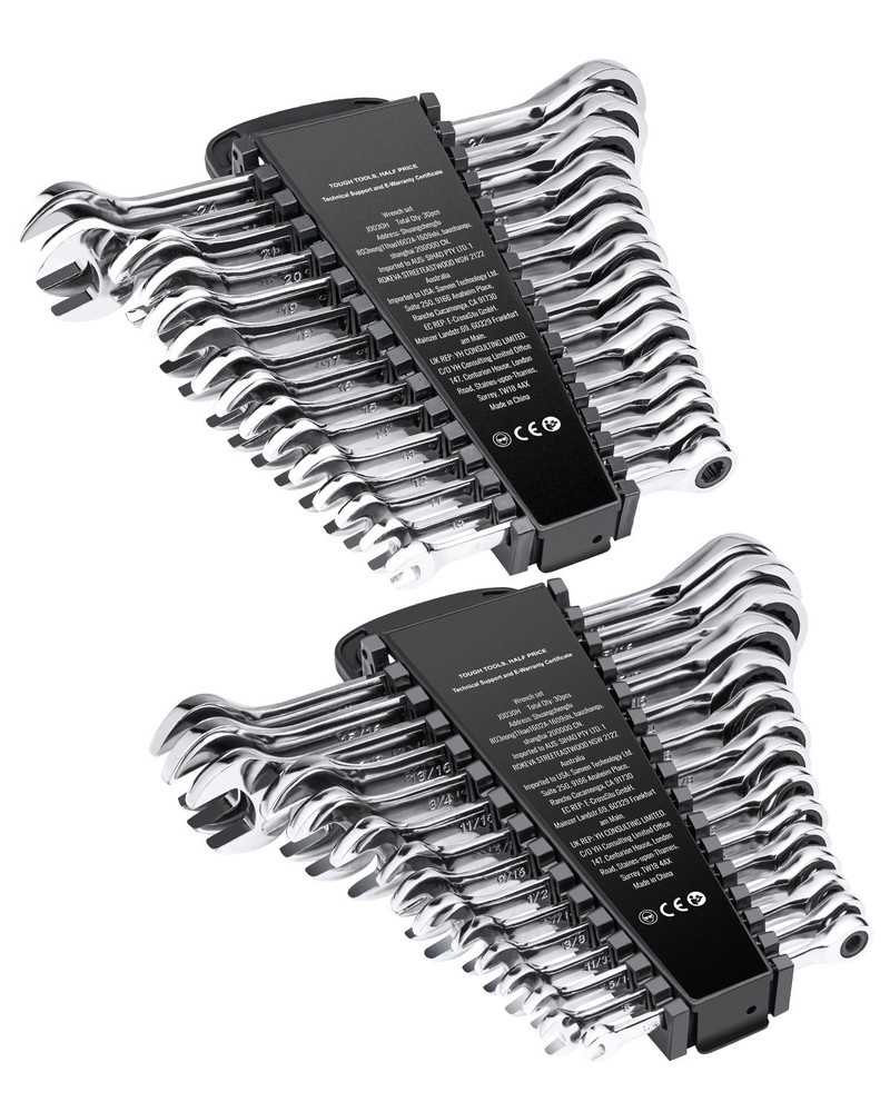 Combination Wrench Set 30 PCS SAE 1/4″ to 1″, Metric 8mm to 24mm Organizer Rack
