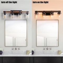 27″ Rustic 4-Light Vanity Light with Glass Shades and Wood Accent