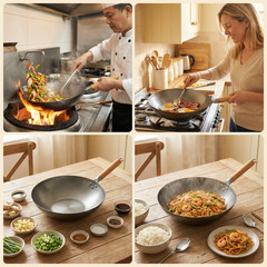 13.5″ Carbon Steel Flat Bottom Wok Hand Hammered,Pre-Seasoned,Works on All Stove