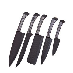 Carbon Steel Chef Knife Set 5Pc Shard Hammered Blade Grey Pakkawood Leather Roll