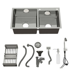 Silver Kitchen Sink Stainless Steel Double Bowl Drop In Top Mount Workstation