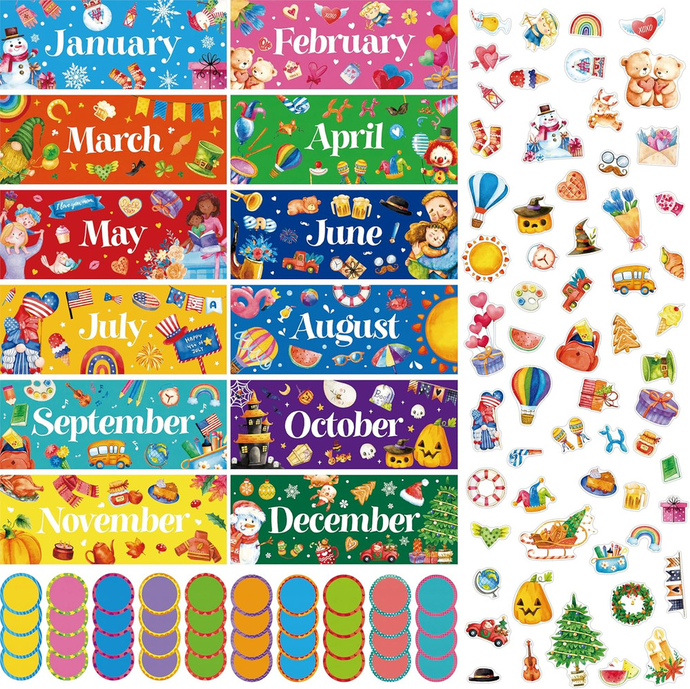 112 PCS Holiday Monthly Headliners, 12 Months of The Year Bulletin Board Decors
