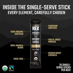 Rex Coffee Organic Fairtrade Instant Sticks Medium Roast Arabica 25 Count