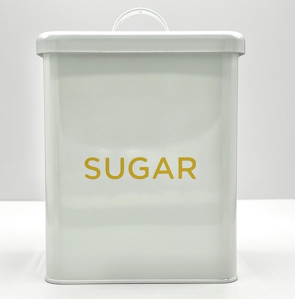 Vtg Retro Martha Stewart Sugar Metal Enamel Tin Canister Kitchen White Yellow