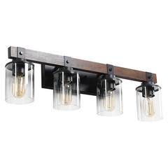 27″ Rustic 4-Light Vanity Light with Glass Shades and Wood Accent