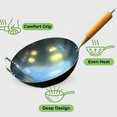 Hand Hammered Carbon Steel Wok 13.5″–Round Bottom,Traditional Stir Pan For Cook