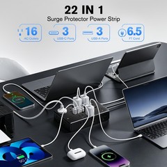Power Strip Surge Protector with 16 Outlets 3 USB A and 3 USB C Ports Flat Plug