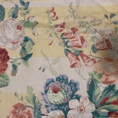 Custom-made vintage yellow-and-white floral stripe pinch-pleated curtains and va