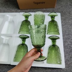 Green Drinking Glasses set of 6 Red Wine Goblets 10 OZ Colored Water Beverage…