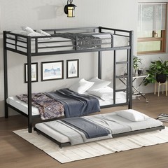 Twin Over Twin Bunk Bed with Twin Trundle Triple Bunk Beds for Kids Teens Adults