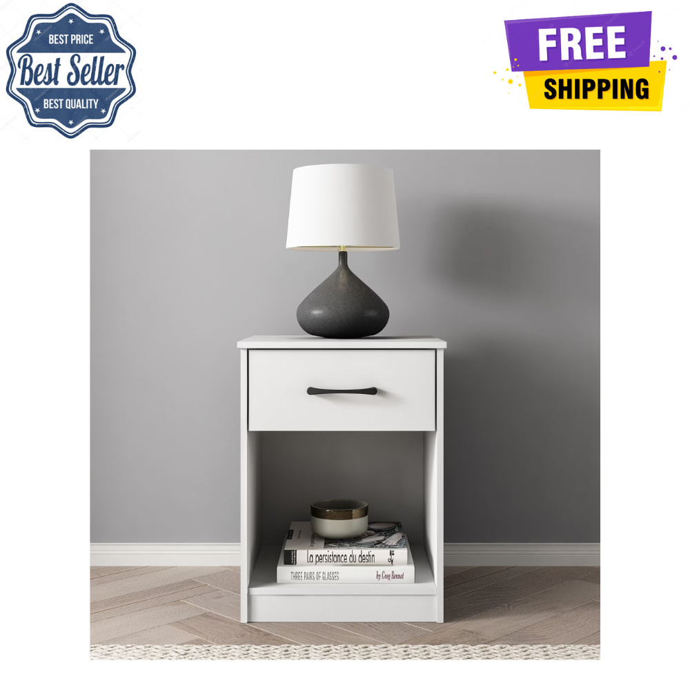 Mainstays Ardent Nightstand, 1-Drawer Bedside Table, Modern End Table, White New