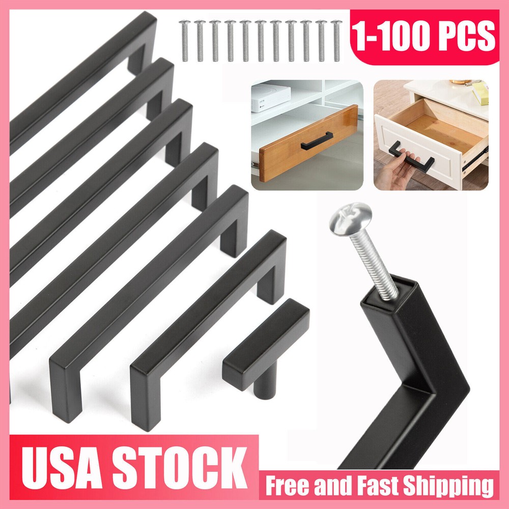 Matte Black Square Modern Cabinet Handles Pulls Kitchen Drawer Stainless Steel