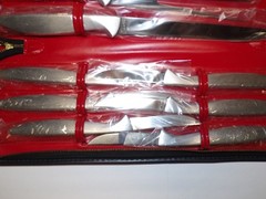 Vintage NOS Japan High Carbon Surgical Steel Carving Set & 6 Steak Knives