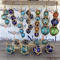 Glass Fishing Floats On Jute Rope – Red, Blue, Aqua, Green – Nautical Wall Decor