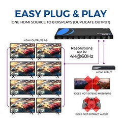 Orei 1×8 2.0 HDMI Splitter 8 Ports with Full Ultra HDCP 2.2, 4K at 60Hz(UHD-108)