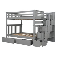 Full Over Full Bunk Bed w/ 6 Storage Drawers & Stairs For Kids Teens Adults Gray