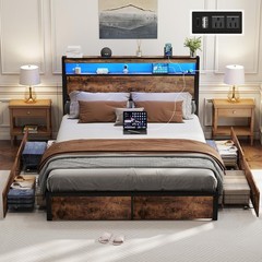 King Queen Full 4 Drawers Platform Bed Frame with LED Light, Charging Station
