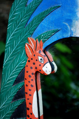 Vtg Hand Carved Painted WOOD MIRROR Jungle Giraffes 18.5″ Orange Green Blk BALI