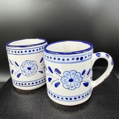 Le Souk Ceramique Tunisia Blue White Hand Painted Floral Coffee Mugs Set 2 READ