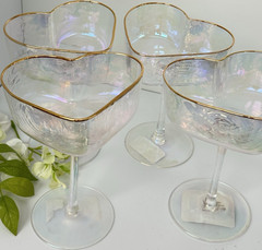 Set of 4 Heart-Shaped Iridescent Coupe Glasses Gold Rim Hand Wash Only