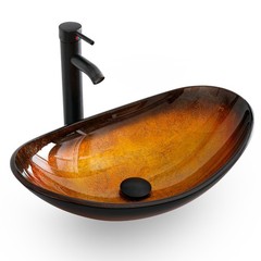 Bathroom Vessel Sink Glass Ceramic Bowl Drain Faucet Combo Pop Up Basin Set US