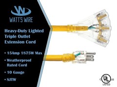 10 Gauge (10 ft, 25 ft, 50 ft, 100 ft) 3 Outlet Lighted Extension Cord – 10 Awg