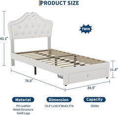 Twin Size Upholstered Bed Frame w/ Storage Drawer & LED Headboard for Kids/Girls